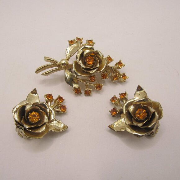 Vintage Coro Flower Brooch and Earrings Set - Picture 1 of 15